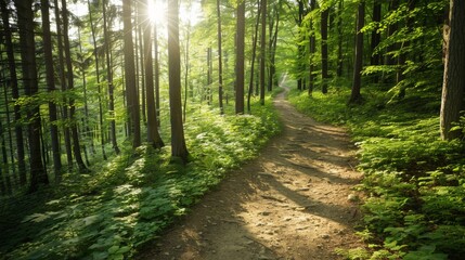 Fototapeta premium Tranquil Forest Trail: Sunlit Path for Hiking and Exploration