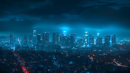 A city skyline at night with the lights on