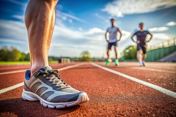 Runners running from the starting on the running track close up on shoe. Athlete background concept.