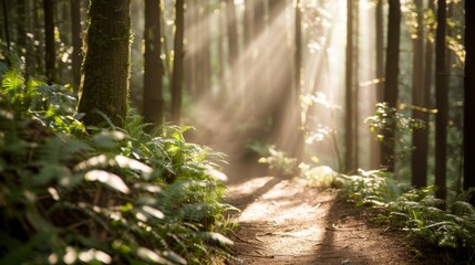 Fototapeta premium Serene Forest Trail: Sunlight Peeking Through Trees in Nature's Embrace