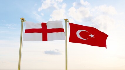 Turkey and England Flags are waving in the spring of the blue sky. ULTRA HD. 