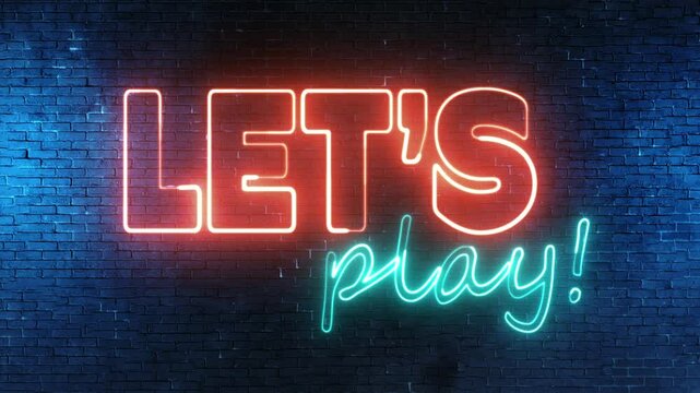 LETS PLAY text font with neon light. Luminous and shimmering haze inside the letters of the text Let's Play. Let's Play neon sign. 