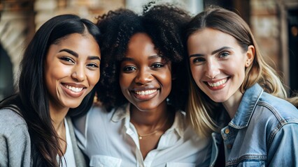 Fototapeta premium Three diverse young women smiling and posing together, showcasing friendship and happiness in a bright, natural setting.