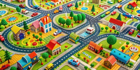 Fototapeta premium Vibrant road mat featuring colorful roads, buildings, and trees, scattered with toy cars, blocks, and other playful elements, showcasing a child's imaginative world.