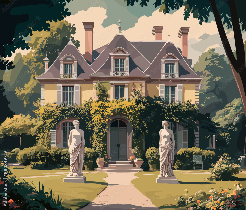 Sticker a large house, chateau with statues of women on the front lawn. the house is surrounded by a lush gr