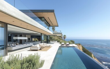 Fototapeta premium Modern villa with an infinity pool overlooking the ocean, featuring expansive outdoor living space.