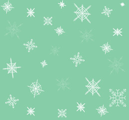 Lacy white snowflakes on a soft green background Seamless Repeat Pattern, Christmas, Hanukkah, Kawanza