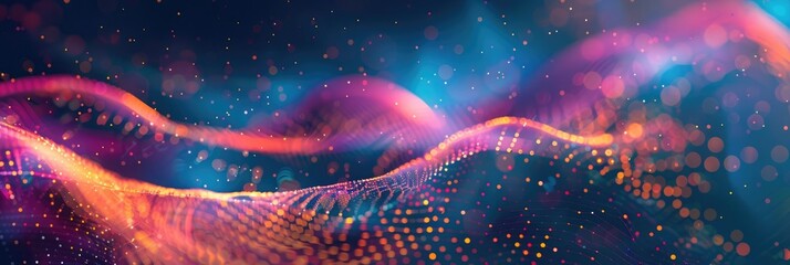 Captivating hologram wave with swirling motion of bright, colorful dots, gradient teal and magenta shades. Hologram dynamic wave of particles