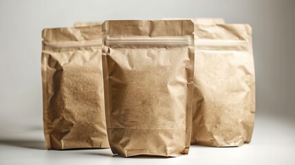 Maquetas de varios envases tipo bolsa con espacio para texto. Concepto de publicidad.