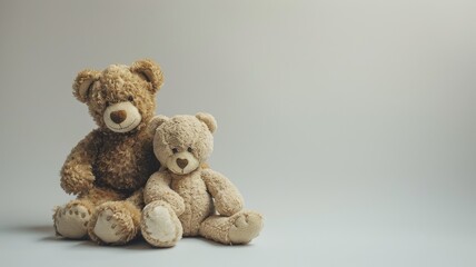Obraz premium Two cuddly bears sitting side by on neutral background