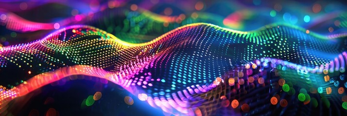 Energetic hologram wave with cascading motion of luminous dots and cool colors from blue to green. Hologram dynamic wave of particles