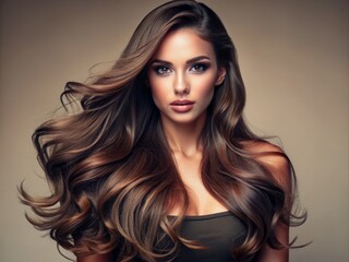 Fototapeta premium Beautifully styled long dark brown hair cascades down against a neutral background, showcasing a luscious and healthy mane with subtle wisps framing the empty space.