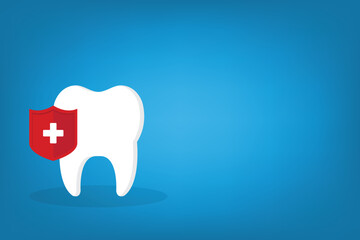 Dental Care, protection. Tooth icon and red protection shield.	