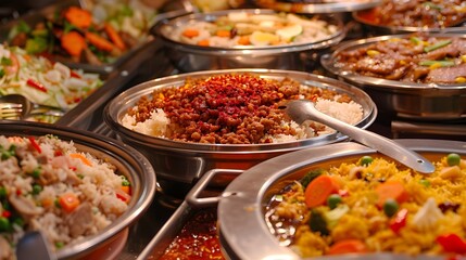 Variety of Savory and Spicy Indian Dishes Served in a Buffet Style Layout