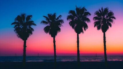 Obraz premium Silhouetted Palm Trees Along Tropical Sunset Coastline