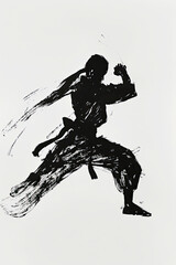 A black and white sketch of a person practicing martial arts