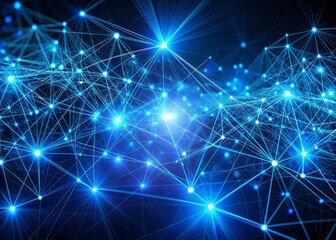 Vibrant 3D illustration of glowing blue lines and dots forming a complex network, symbolizing digital data connection and online social interaction in a futuristic background.