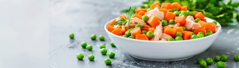 Fresh minced chicken with diced carrots and peas, puppy diet, nutritious start