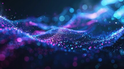Energetic and high-tech hologram wave of particles with seamless blending of blue and purple hues. Hologram dynamic wave of particles