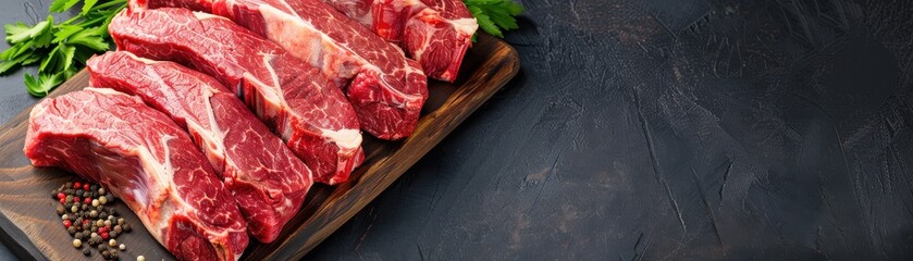 Fototapeta premium Raw marbled beef on a wooden board with spices, butcher's selection, premium meat cuts, culinary preparation