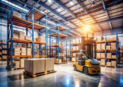 Warehouse interior with stacked crates and shelves, forklifts and pallet jacks parked, conveyor belt and fluorescent lights, industrial background with subtle shadows.
