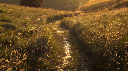 Naklejka premium A path in a field of grass with the sun shining on it