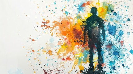 Obraz premium abstract watercolor silhouette of man surrounded by chaotic paint splatters visual metaphor for mental health struggles and inner turmoil