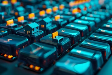 Obraz premium Miniature houses on keyboard keys, blue illumination