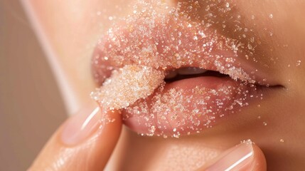 Fototapeta premium Close-up of person exfoliating lips with sugar scrub, showcasing textured granules for smoothness and hydration