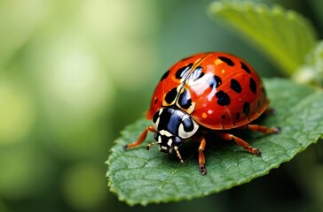 Fototapeta premium Close-up of ladybug perched on green leaf in garden setting