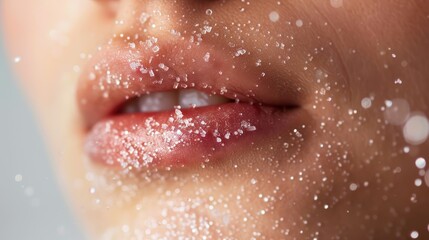 Fototapeta premium A Person's lips being exfoliated with a sugar scrub, showing the granules and texture