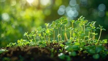 Young sprouts of microgreens growing in soil against a blurred green background, symbolizing organic farming and healthy food