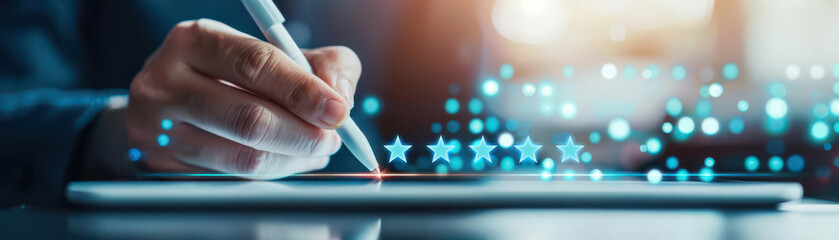 Hand using a stylus with a digital tablet, surrounded by technology icons, representing innovation in digital design and tech advancements.