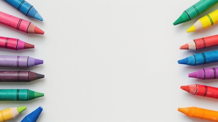 Colorful crayons seen from above with empty space on white background