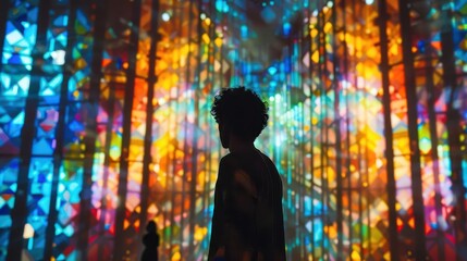 aweinspiring spectacle silhouetted figure gazes at colossal 3d projection mapping display vivid colors and geometric patterns transform architecture into mesmerizing digital canvas