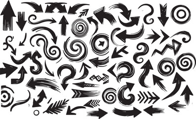 grunge arrow . Set of black hand drawn grunge doodle spiral and curved charcoal, chalk arrows on white background. Scribble symbols of direction pointers, swirl arrow elements for infographic design 