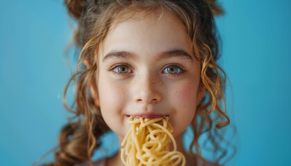 Naklejka premium Beautiful young girl eating delicious Italian pasta isolated on blue studio background. World pasta day
