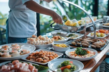 Obraz premium A diverse buffet breakfast with a wide variety of dishes, including fruits, pastries, and hot foods, being served by a chef in a bright, vibrant setting.