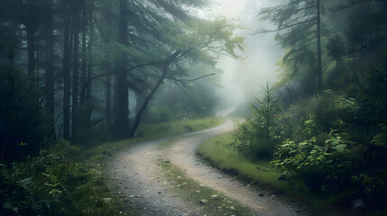 Obraz premium A forest path with foggy mist and trees