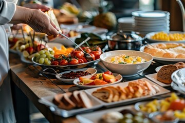 Obraz premium A buffet table is adorned with an array of fresh fruits, salads, bread, and various dishes, offering a variety of culinary delights perfect for a delicious feast.