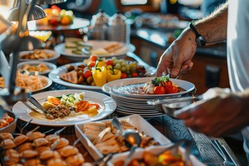 Obraz premium A vibrant buffet scene with a variety of dishes like salads, fruits, and multiple cuisines presented in an inviting and colorful manner, perfect for food enthusiasts.