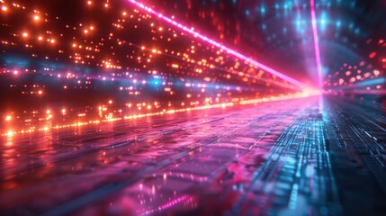 Obraz premium Futuristic neon light streaks on vibrant abstract background, evoking high-speed warp effect for tech visuals.