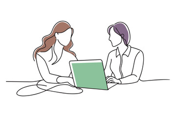 Two women working together at a desk with a laptop doodle continuous line art vector illustration on white background