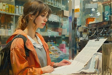 Fototapeta premium A woman standing at a pharmacy counter, looking at medication bottles on shelves.