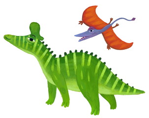 Obraz premium cartoon happy and funny colorful prehistoric dinosaur dino lambeosaurus and quetzalcoatlus pterodactyl bird rhamphorhynchus flying isolated illustration for children