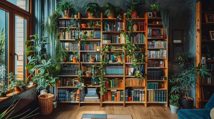 An organized bookshelf in a co-living space, filled with a variety of books, plants, and decorative items, creating a cozy reading corner.