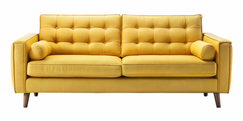 stylish yellow sofa with wooden legs in retro style, isolated on a white background