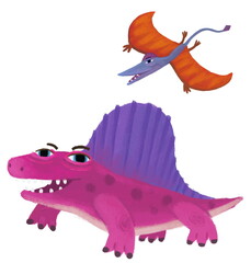 cartoon happy and funny colorful prehistoric dinosaur dino dimetrodon and quetzalcoatlus pterodactyl rhamphorhynchus bird flying isolated illustration for children © honeyflavour