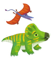 cartoon happy and funny colorful prehistoric dinosaur dino protoceratops and quetzalcoatlus pterodactyl rhamphorhynchus bird flying isolated illustration for children