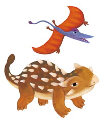 cartoon happy and funny colorful prehistoric dinosaur dino ankylosaurus and quetzalcoatlus pterodactyl rhamphorhynchus bird flying isolated illustration for children